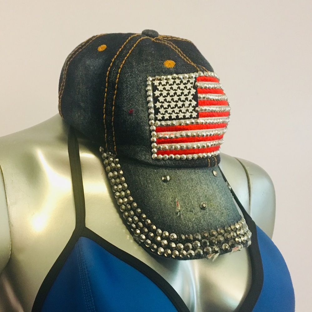 USA Patriotic Ball Cap distressed bedazzled  NW0T